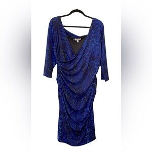 Jennifer Lopez Royal Blue Animal Print V-neck Faux Wrap Stretch Dress, Size XL